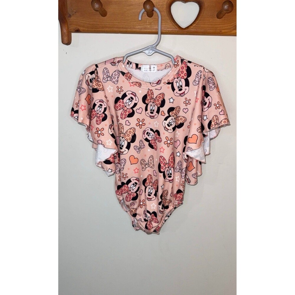 Boutique Disney Minnie Mouse Flutter Bell Sleeve Romper Bodysuit Pink 3T